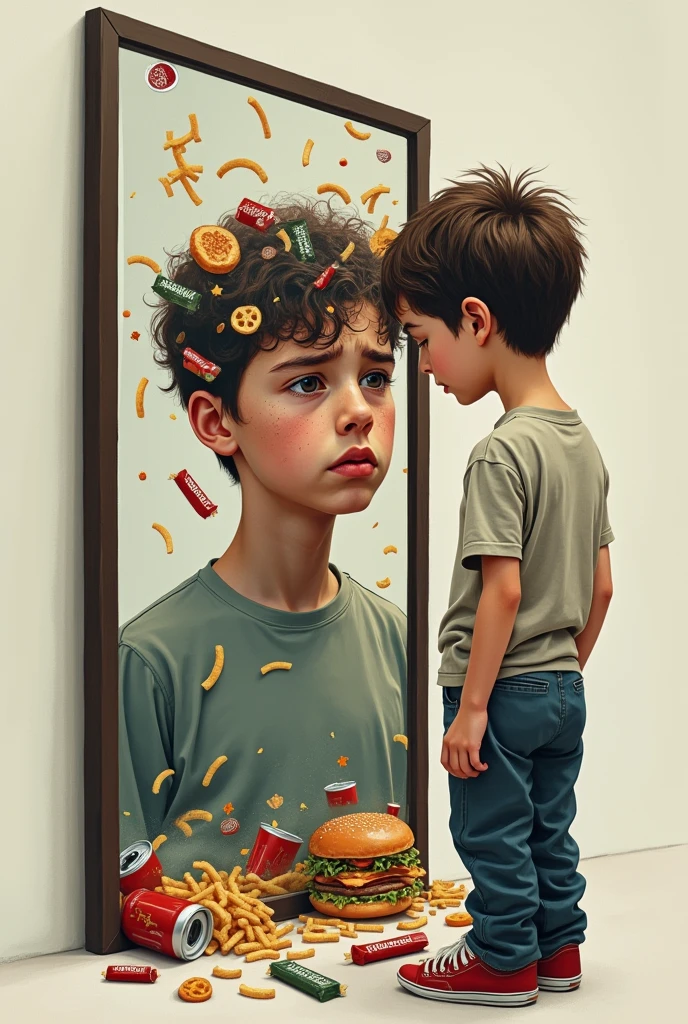 A boy while looking in the mirror only sees junk food, related to the eating disorder make it like a collage