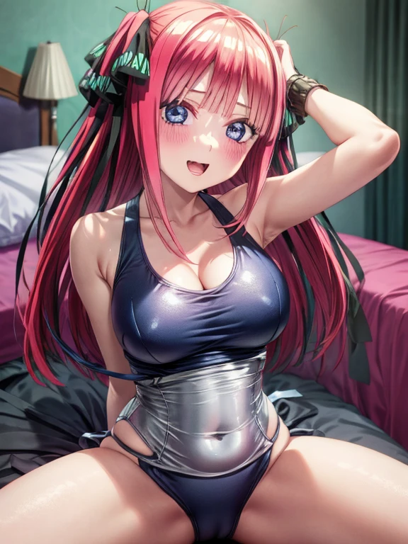 best quality, insanely detailed, nino nakano, breasts, blush, bedroom background, looking at viewer, cheerful eyes,arousal, one-piece swimsuit,add_detail:0.5