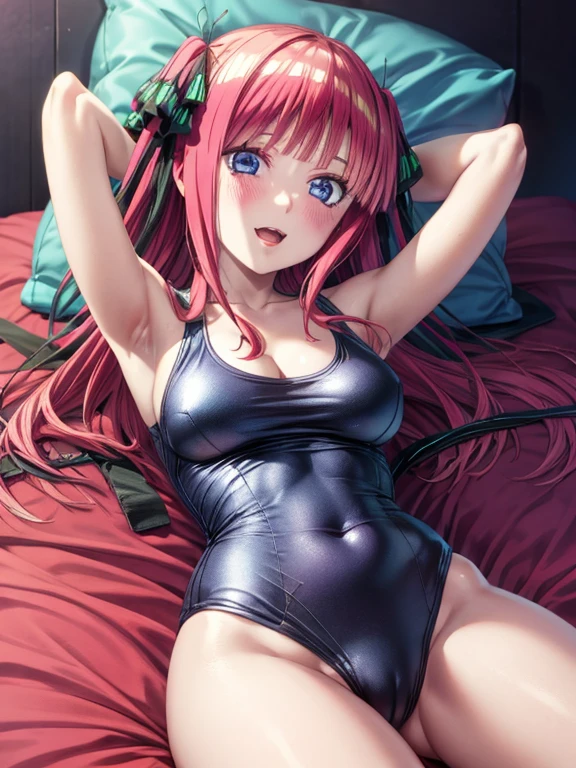 best quality, insanely detailed, nino nakano, breasts, blush, bedroom background, looking at viewer, cheerful eyes,arousal, one-piece swimsuit,add_detail:0.5