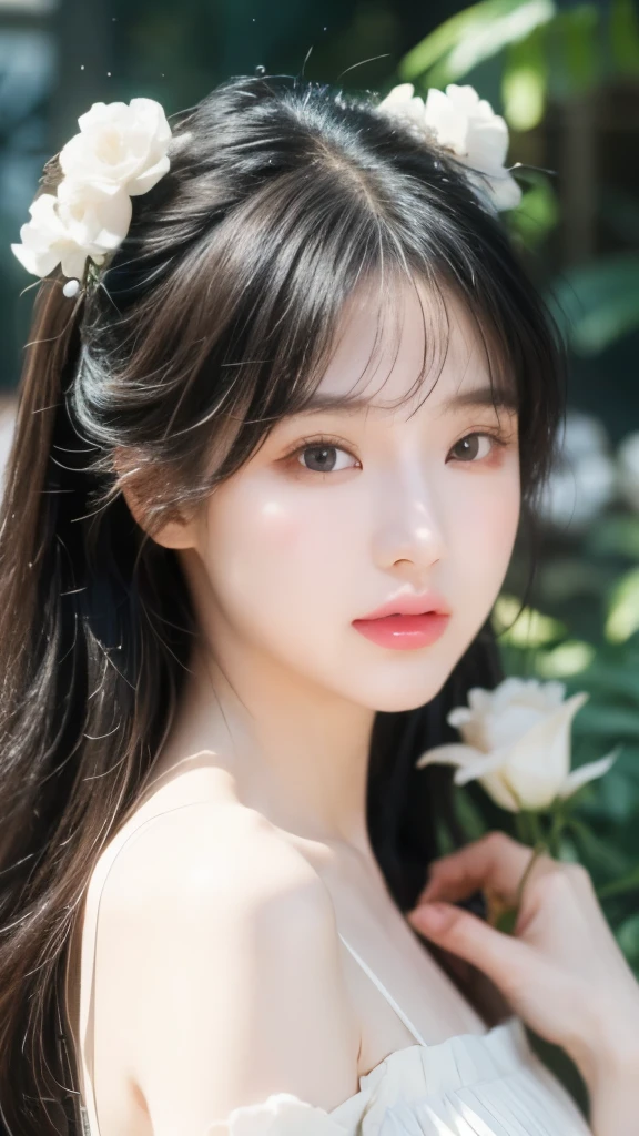 gufeng,Bare shoulders, ((Bare shoulders)), ((Shot in the knee)), ((Standing and walking)), ((Elegant and charming gesture)), ((Close-up shot)), Photo of woman with flowers in hair, Portrait of Du Qiong, CG Trends, Reality, Beautiful Chinese model, Traditional Beauty, Chinese Girl, cgstation Trends, Hot topics on cgstation, Chinese, palace , Cute and delicate face, beautiful girl, A beautiful young womatomically correct