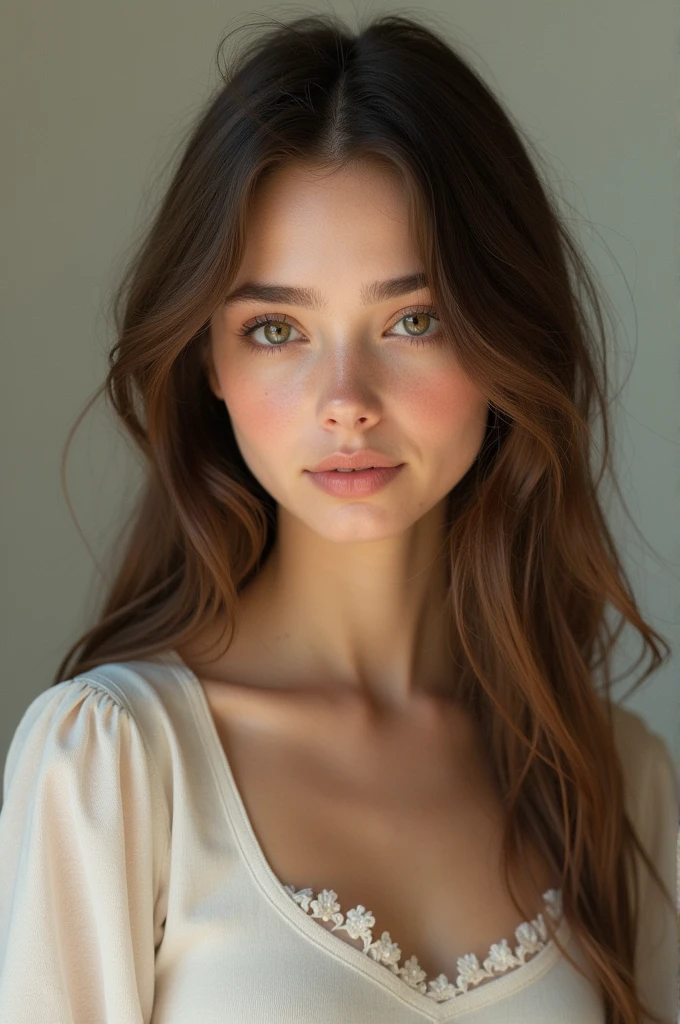 A young woman of average height and slim build. He has long brown hair, and his eyes are clear, which gives it a delicate yet captivating appearance. His physique reflects his kind personality and his ability to face adversity with courage..