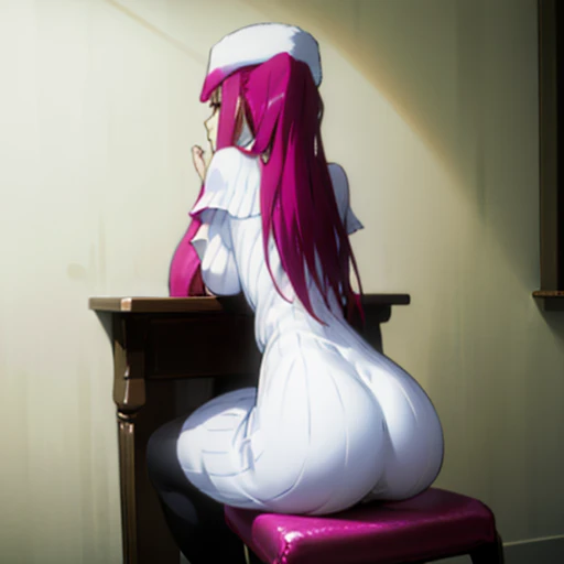 ((Best quality, masterpiece, ultra high resolution)) ,big butt,pink hair, white hat, Riruka Dokugamine Dress, girl sitting on a chair in the room