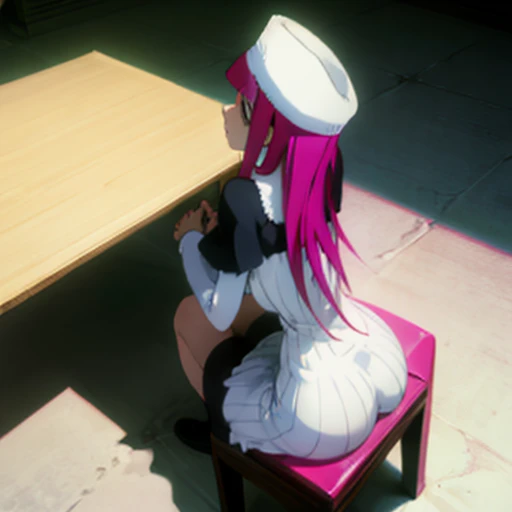 ((Best quality, masterpiece, ultra high resolution)) ,big butt,pink hair, white hat, Riruka Dokugamine Dress, girl sitting on a chair in the room