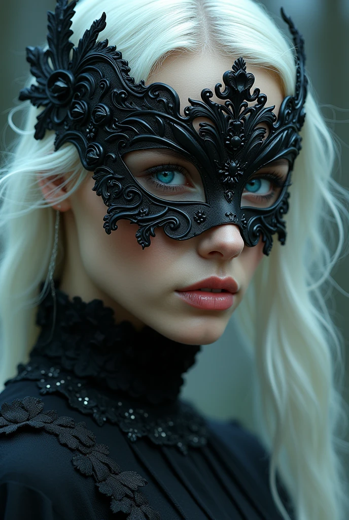 a close up of a woman wearing a mask, dreamy gothic girl, elegant render, half body photo, mistress, photoshop render, ebony rococo, elegant girl, female spy, haunting beautiful young woman, detailed face, extravagant dress, beauty girl, very femenine, silver White hair ,blue turquoise eyes
