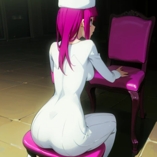 ((Best quality, masterpiece, ultra high resolution)) ,big butt,pink hair, white hat, Riruka Dokugamine Dress, girl sitting on a chair in the room