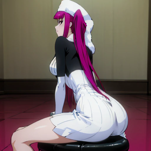 ((Best quality, masterpiece, ultra high resolution)) ,big butt,pink hair, white hat, Riruka Dokugamine Dress, girl sitting on a chair in the room