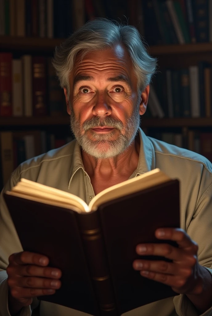 Make an image of a man with a bible in his hand reading with a surprised expression on his face.