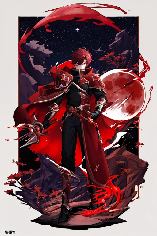 "Series Title: Red Moon", World, where every person has an aura. Our hero will have red color. Our hero is a man: 1.2), The perfect combination of elements.
Starry night and blood moon background. The human cub in the center holds a sword, dripping blood.