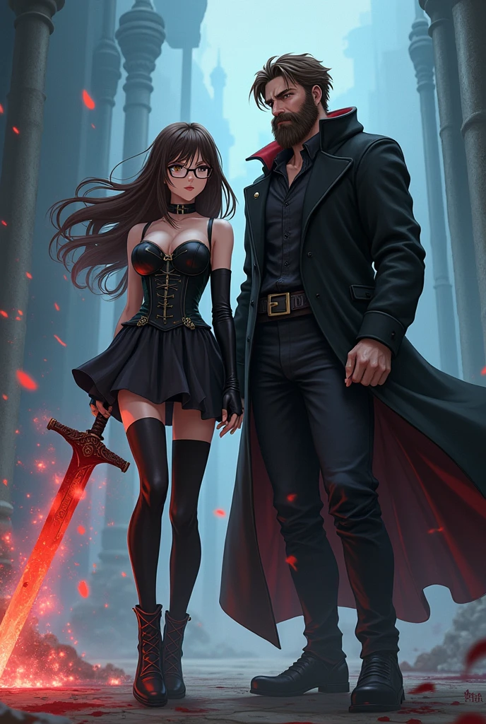 adult white woman, アニメ, with long brown hair and bangs, round glasses, Eye Brown, espartilho preto, Black Skirt, black boot, black stocking, doing black magic with the God of death, ao lado de um um homem アニメ, with beard, short straight brown hair, Eye Brown e sobretudo preto, with a bloody sword