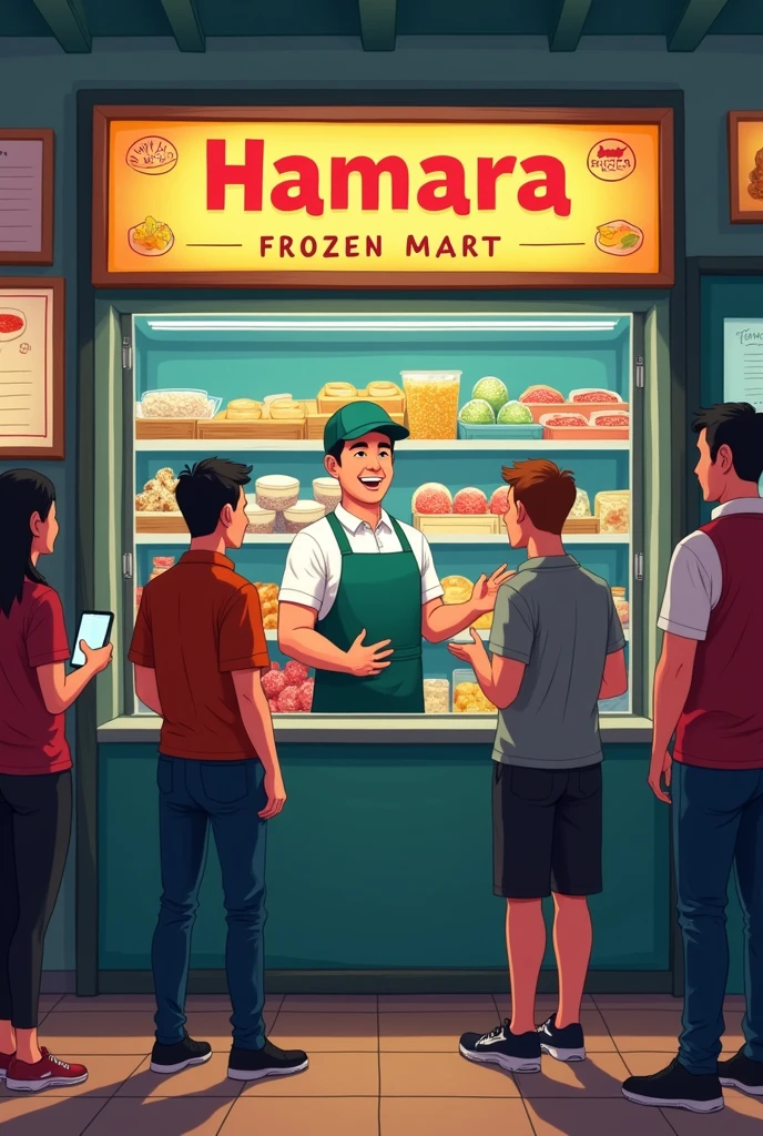 Malaysian mild chubby man and his staff standing with strong spirit of work hard and helpful in his frozen fresh food shop with his shop signboard name HAMARA FROZEN MART getting welcome his regular group of customer with happy and cheerful face