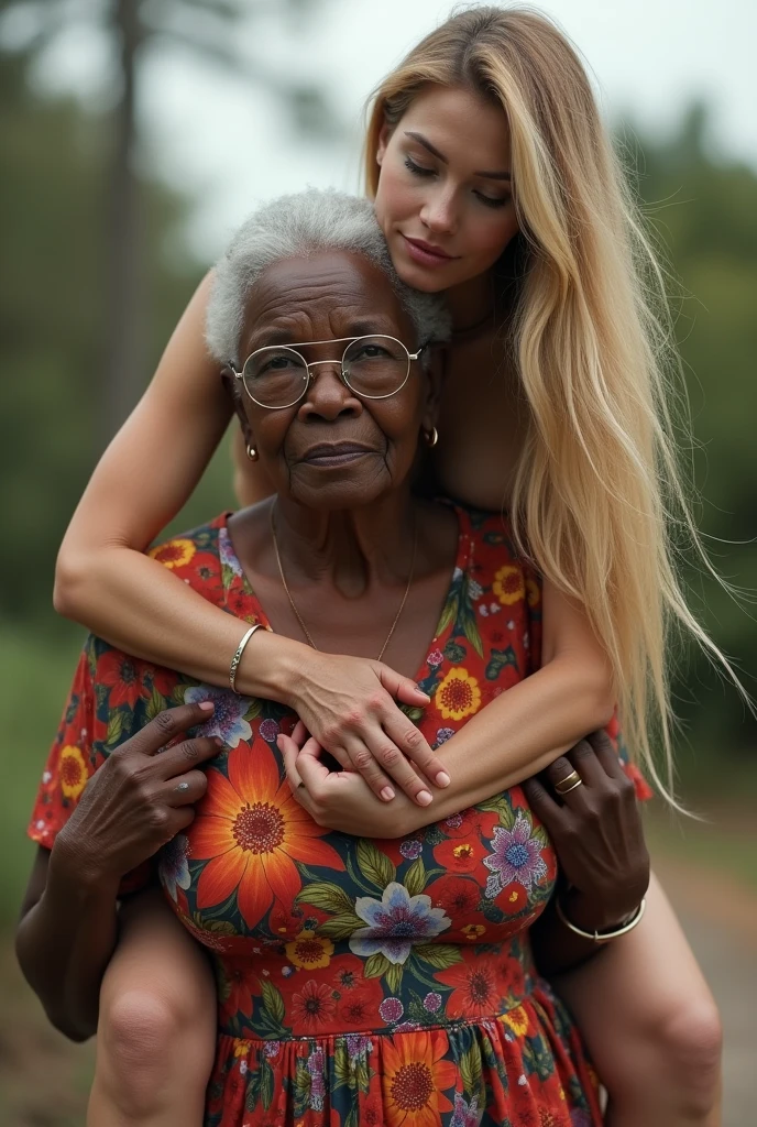 Create an image of a young woman, with long blond hair, fair skinned and curvy body, wearing jean shorts and naked on top, with your breasts out, being carried on the shoulders of a 90 year old lady, with black and dark skin, that is fat, and is wearing a floral dress and glasses 