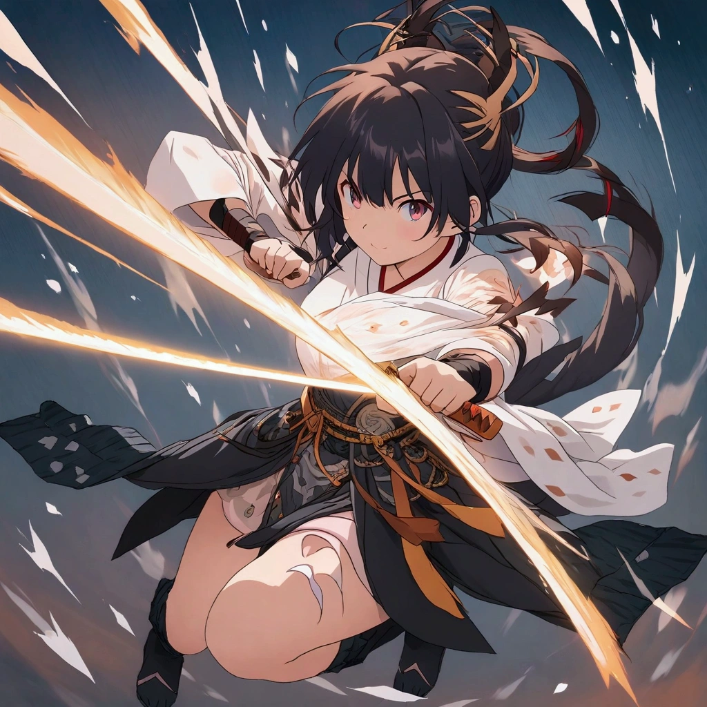 anime girl full body, reference photo, dynamic fighting pose with a sword, white opaque background