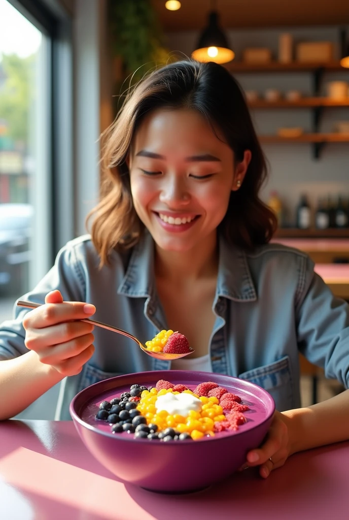 customer at the acai shop ,eating acai , ultra HD, high qualiy, best qualityer, high resolution, 8k, 16k perfection in the details