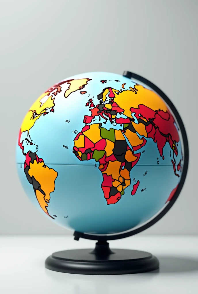 Create an animated globe where each country is a different color and the base is small and black and the white background shows America.