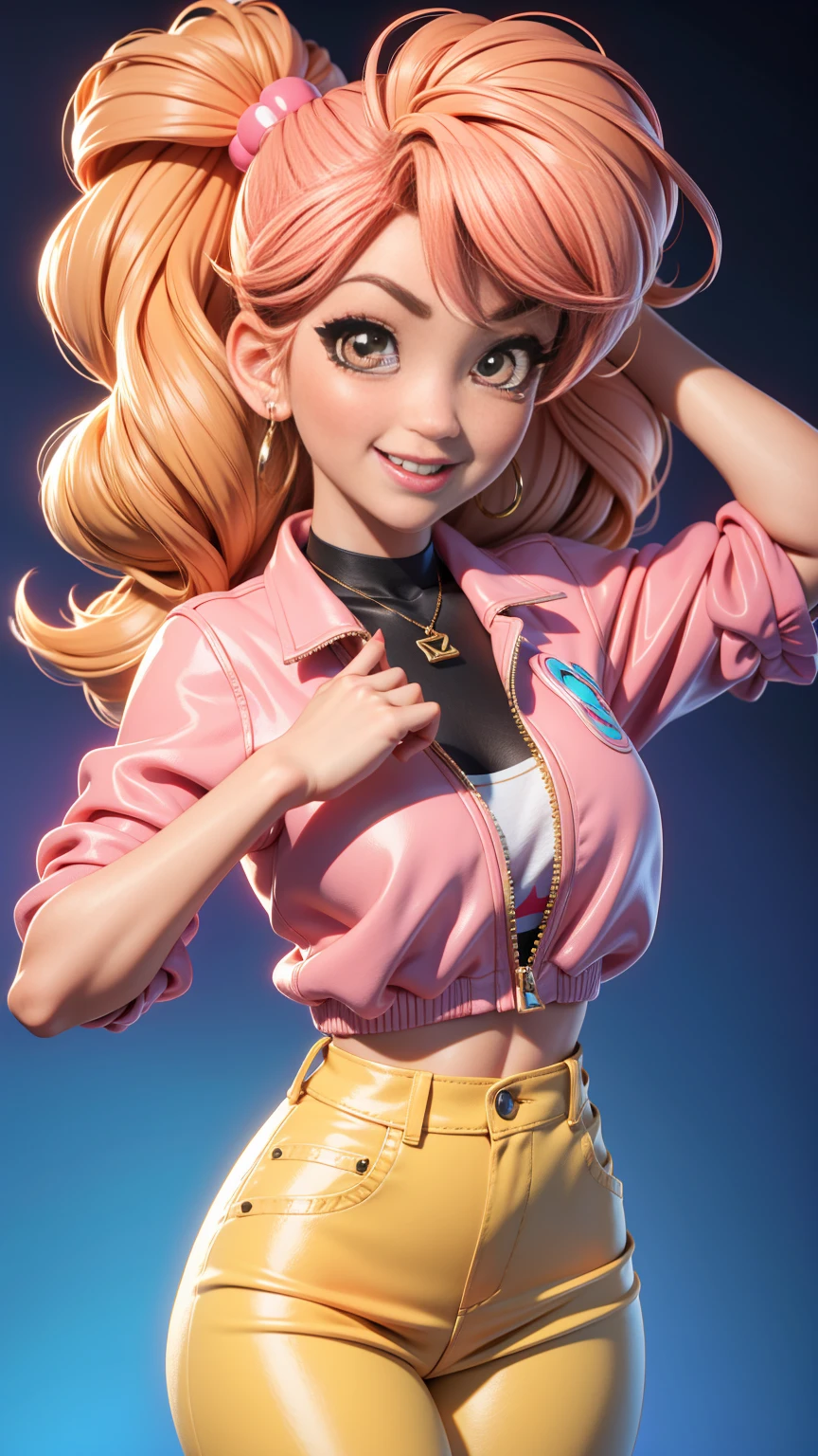 A 3D Pixar-Disney style image of a young woman with a trendy, gyaru-inspired look, smiling and giving a playful, confident gaze. The woman has large, expressive eyes with bold makeup, a stylish hairstyle, and a fashionable outfit typical of the gyaru style. Her expression is lively and engaging, with a bright and colorful background that enhances her vibrant and confident appearance.(顔をアップに)