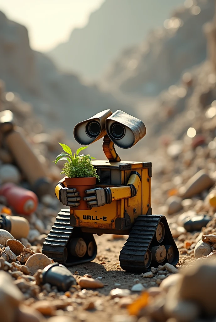 Generate an image of Wall-E inside the garbage dump picking up a plant without the pot, holding the plant with both hands