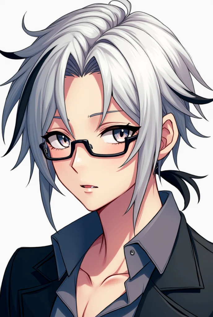 Young man with white hair and black tips and a ponytail and eyes of two different colors and glasses anime version 