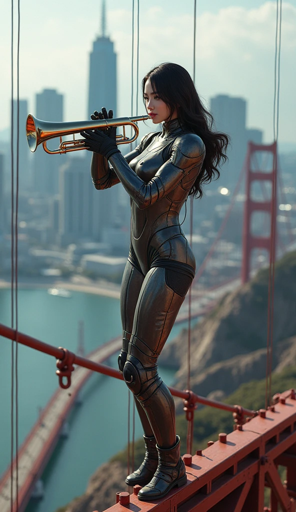 photo-realistic, ultra-realistic, very beautiful Japanese futuristic soldier, boyish girl, extremely muscular, famous Japanese idol, 25 years old, dramatic scene, masterpiece, beautiful eyes, playing the trumpet at the top of the golden gate bridge, skyscrapers, cyber punk mecha armor suits, dynamic pose, dynamic angle, standing on the dangerous wires