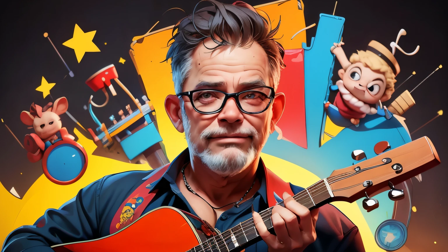 portrait of a crazy man's face with musical instruments around him and the letter C written in the background, vibrant colors