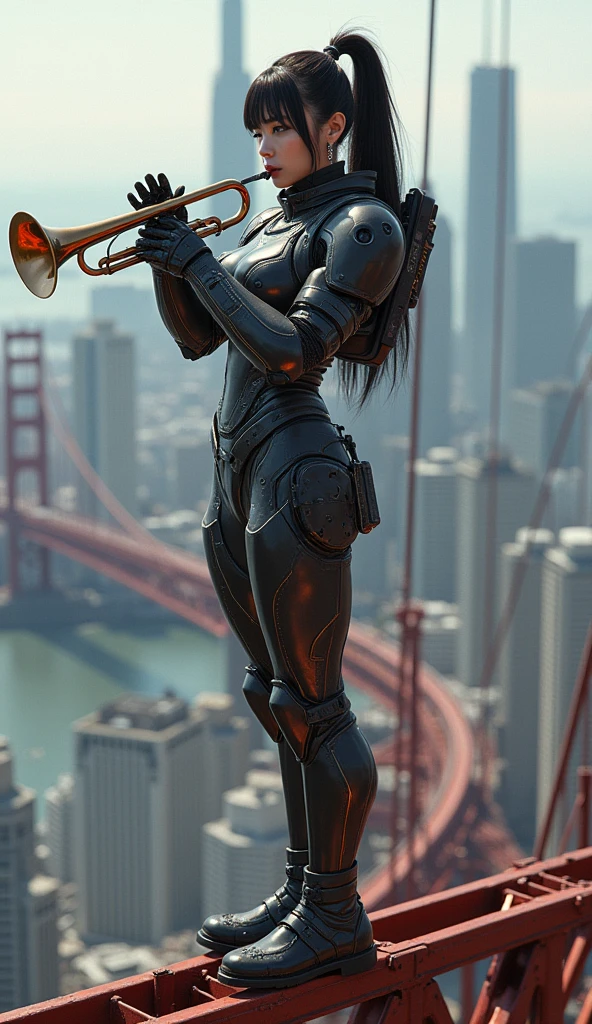 photo-realistic, ultra-realistic, very beautiful Japanese futuristic soldier, boyish girl, extremely muscular, famous Japanese idol, 25 years old, dramatic scene, masterpiece, beautiful eyes, playing the trumpet at the top of the golden gate bridge, skyscrapers, cyber punk mecha armor suits, dynamic pose, dynamic angle, standing on the dangerous wires