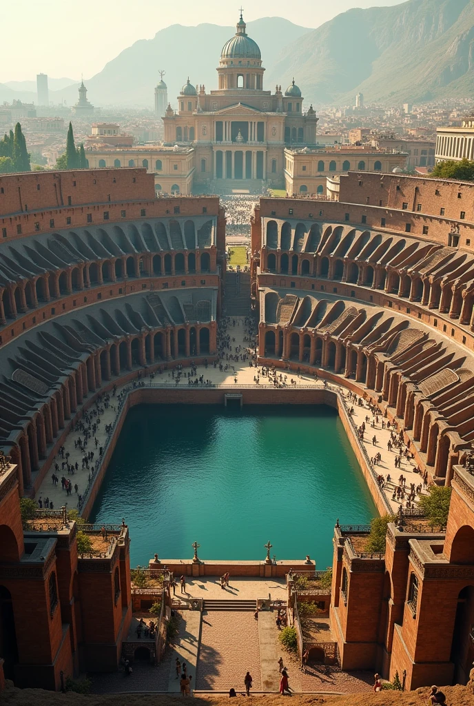 Create an image of the Colosseum in its glory in Ancient Rome, from a superior angle, showing it completely, with its complete stands, its arena flooded with water