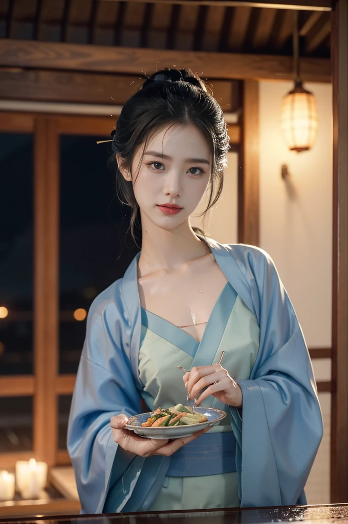 (((best quality))),(((Extremely detailed))),(((masterpiece))),illustration,((1 beautiful Japanese girl,Solitary)),((Slim,Thin)),((Large Breasts,Keep your chest up)),(Izakaya:1.3),(summer:1.2),(rain:1.3),(indoor:1.2),(Night view:1.3),(wet:1.3),(collar:1.2),(Blue flower kimono:1.3),Clean and tidy,Porcelain skin,rouge,Dark,Warm light,Ethereal,(Standing at a low table:1.3),Wine Bottle,Half empty glass,tray,Grilled fish,Steamed vegetables,Half eaten,Melancholy smile,storm,,mystery的气息,peaceful,confusion,Simple,mystery,Fascinating,((From the front,Upper Body))