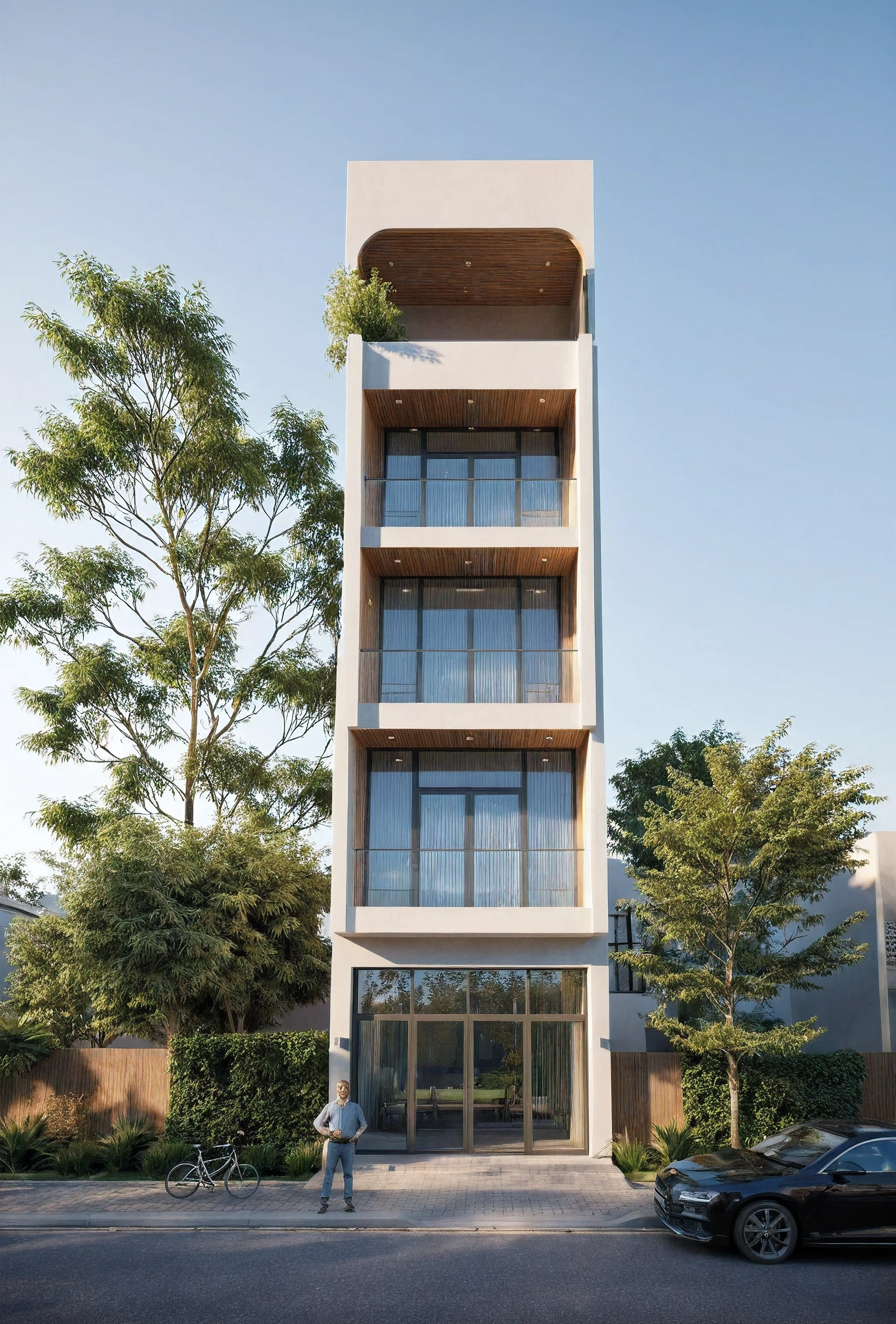 townhouse, Led light, spotlight out door, (modern style:1.2), (Open roof to see the sky), exterior design, perspective view, (open roof), Pavement, alphalt streets road, (next door neighbor's house), (dawn light sky background), Low trees around the house, overall peaceful atmosphere cinematic photo, hyperrealistic artï¼professional, 8k, highly detailed ï¼, (architectural design visualization), (reflection), (focus on object), (material normal bump real reflection), (scattered light), (hidden light) (light ray), (multi-beam light), (sunbeam) (multi-level reflection), (corona software visualization render:1.2),(((Best Quality))), ((Masterpiece)), ((best illustration)), ((best shadows)), ((Super Detail)), (Intricate lines), (Photorealism),(hyper detail), ((archdaily)), ((award winning design)), (dynamic light), ((day)), (perfect light), (shimering light), ((photorealistic)), ((intricate detail)), ((extreme detail)), ((science)), ((hyper-detail)), ((super detail)), ((super realistic)), ((crazy detail)), ((octane render)), ((Cinematic)), ((trending on artstation)), ((High-fidelity)), ((Viwvid)), ((Crisp)), ((Bright)), ((Stunning)), ((Eye-catching)), ((High-quality)),((Sharp))((Bright)), ((Stunning)), Natural, ((Eye-catching)), ((Illuminating)), ((Flawless)), ((High-quality)),((Sharp edge render)), ((medium soft lighting)), ((photographic render)), ((detailed archviz))