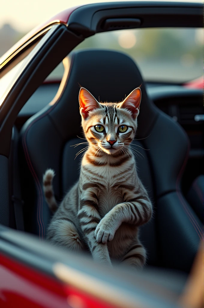 Give me a cat with a sports car in the back
