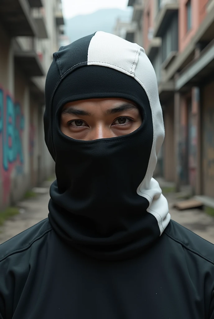 Create a normal balaclava that is black on the right side and white on the left side, perfect picture now make the background more ghetto style