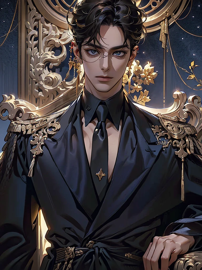 lamplight, close-up cleavage, Handsome men, golden eyes, (Focus eyes, detail eyes, The eyes are bright), (focus face),(Focus clothing), (Focus gold accessories), Medium long black hair, ear piercings, medium skin, dark blue coat, Meticulous suit, gold accessories on clothes, dark blue ties (perfect anatomia:1.2), Highqualityshadow, natural lighting, (White highlights:1.2), (starrysky), (shining), enchanted