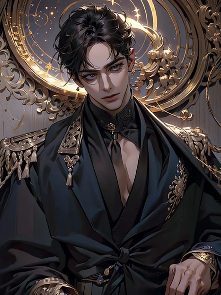 lamplight, close-up cleavage, Handsome men, golden eyes, (Focus eyes, detail eyes, The eyes are bright), (focus face),(Focus clothing), (Focus gold accessories), Medium long black hair, ear piercings, medium skin, dark blue coat, Meticulous suit, gold accessories on clothes, dark blue ties (perfect anatomia:1.2), Highqualityshadow, natural lighting, (White highlights:1.2), (starrysky), (shining), enchanted