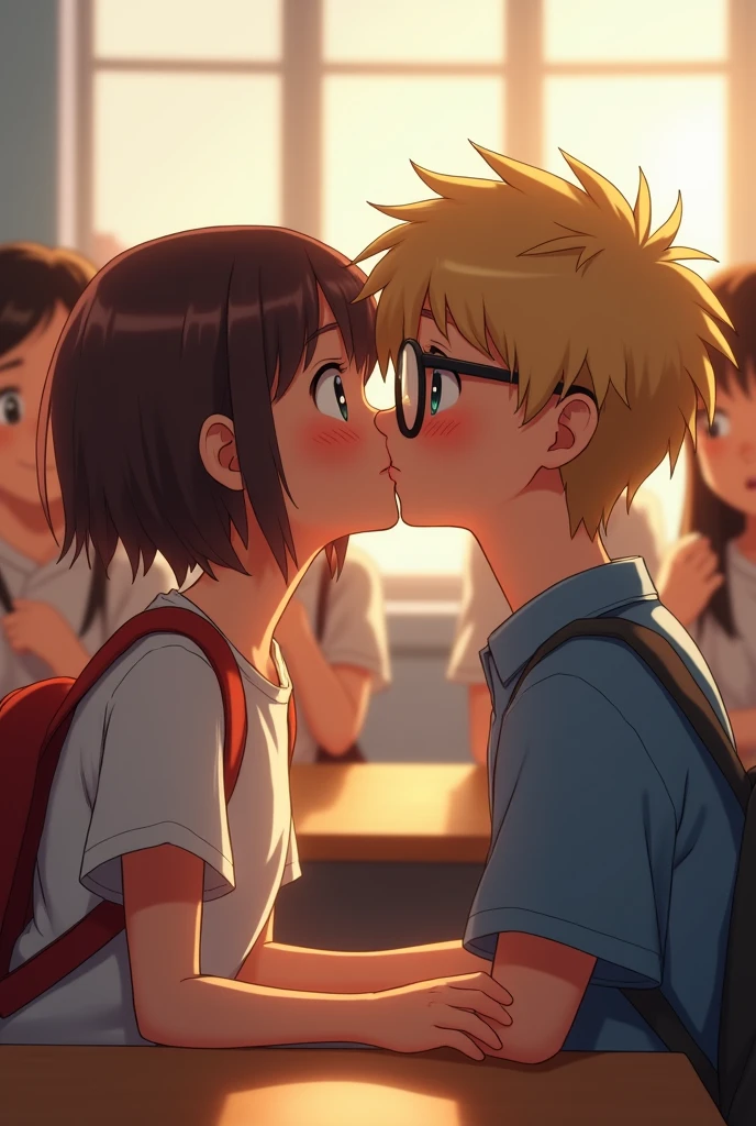 1 boy, 1 girl, kissing in class, both 13 years old, everyone looking, girl has short brown hair, boy has glasses and dirty blonde hair, both very happy but surprised 