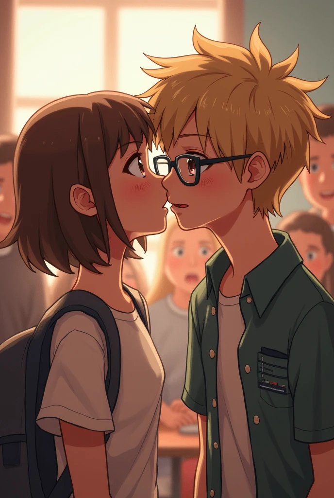 1 boy, 1 girl, kissing in class, both , everyone looking, girl has short brown hair, boy has glasses and dirty blonde hair, both very happy but surprised