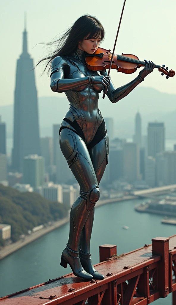 photo-realistic, ultra-realistic, very beautiful Japanese futuristic soldier, boyish girl, extremely muscular, famous Japanese idol, 25 years old, dramatic scene, masterpiece, beautiful eyes, playing the violin at the top of the golden gate bridge, skyscrapers, cyber punk mecha armor suits, dynamic pose, dynamic angle, standing on the dangerous wires