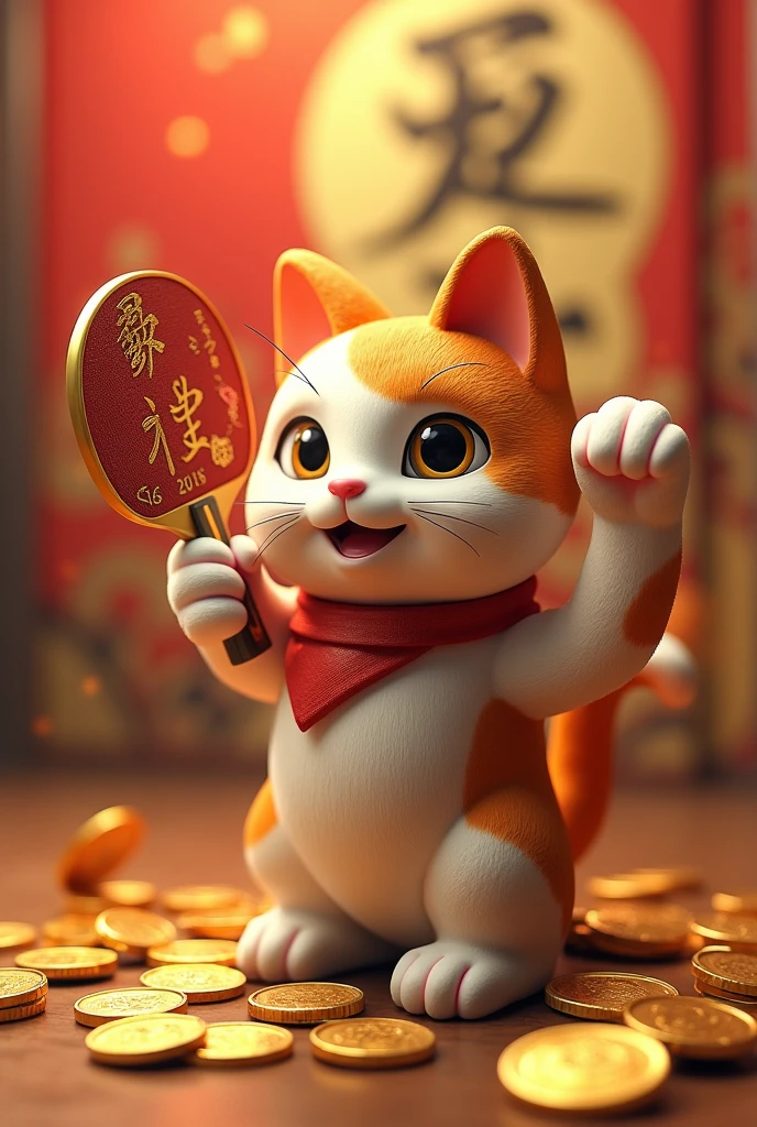 Maneki neko with ping pong paddle and gold coins