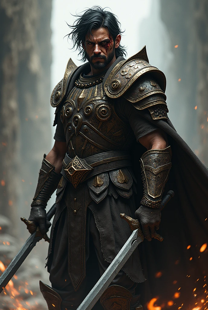 A warrior of D&D has a large fire burn on his right eye two common long swords with a smile on his face and black hair