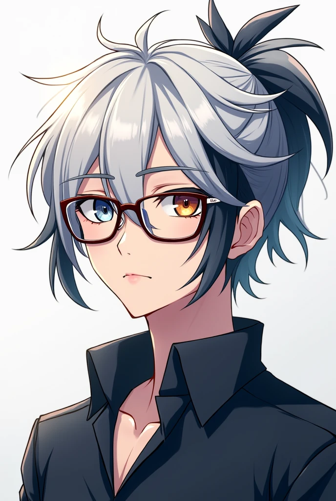 Young man with white hair and black tips and a ponytail and eyes of two different colors and glasses anime version 