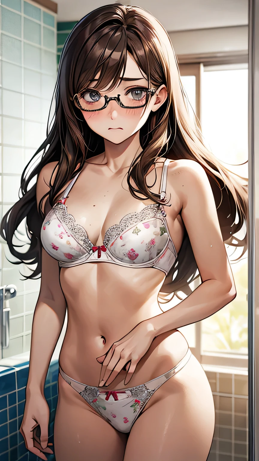 Highest quality、Realistic、、Japanese、zoom、man、cute、Grey Eyes、Light brown hair、Long Hair、White character print bra White character print panties、thin、Large Breasts、Pouting、freckles、Glasses、shower room、Cowboy Shot