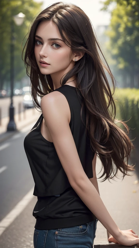 (masterpiece, The best quality, fotorrealist, High Resolutions, Cinematographer, :1.3), Very close shot, Sharp focus, 1 brunette girl, naked, european girl, hot model, Highly detailed eyes and pupils, Piel realist, slim body shape, naked, neckline, extremely detailed hair, Delicate and sexy face, sensual gases, naked, bright lips, ((Wear black sleeveless t-shirts covered with jacket)), outdoor, ((realist, super-realistic, realism, Detalles realists))