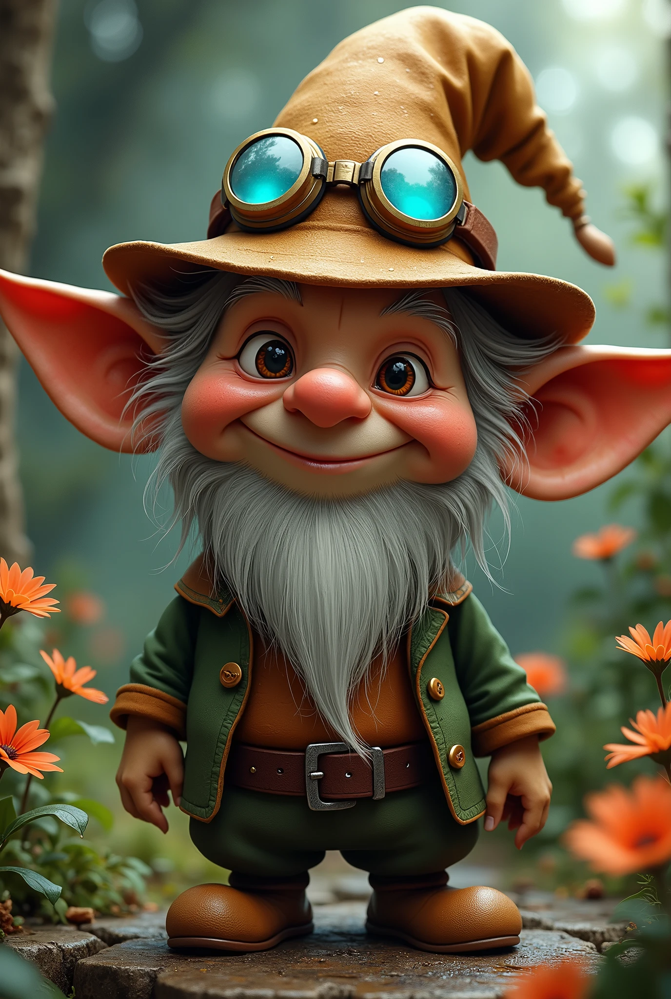 hyper realistic face, arafed gnome with a hat and goggles in a garden, portrait of a gnome called eldon, gnome illusionist, gnome, gnome druid, fantasy art smug smile man, darrell k sweet, an alchemist gnome, inspired by Ron English, adorable digital painting, todd schorr highly detailed, digital art, dwarf scientist of 1 9 century, gnomon, masterpiece, UHD, 18K