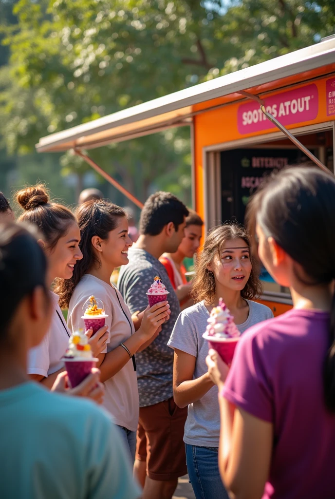 customers in front of the açaí trailer ,eating acai , ultra HD, high qualiy, best qualityer, high resolution, 8k, 16k perfection in the details