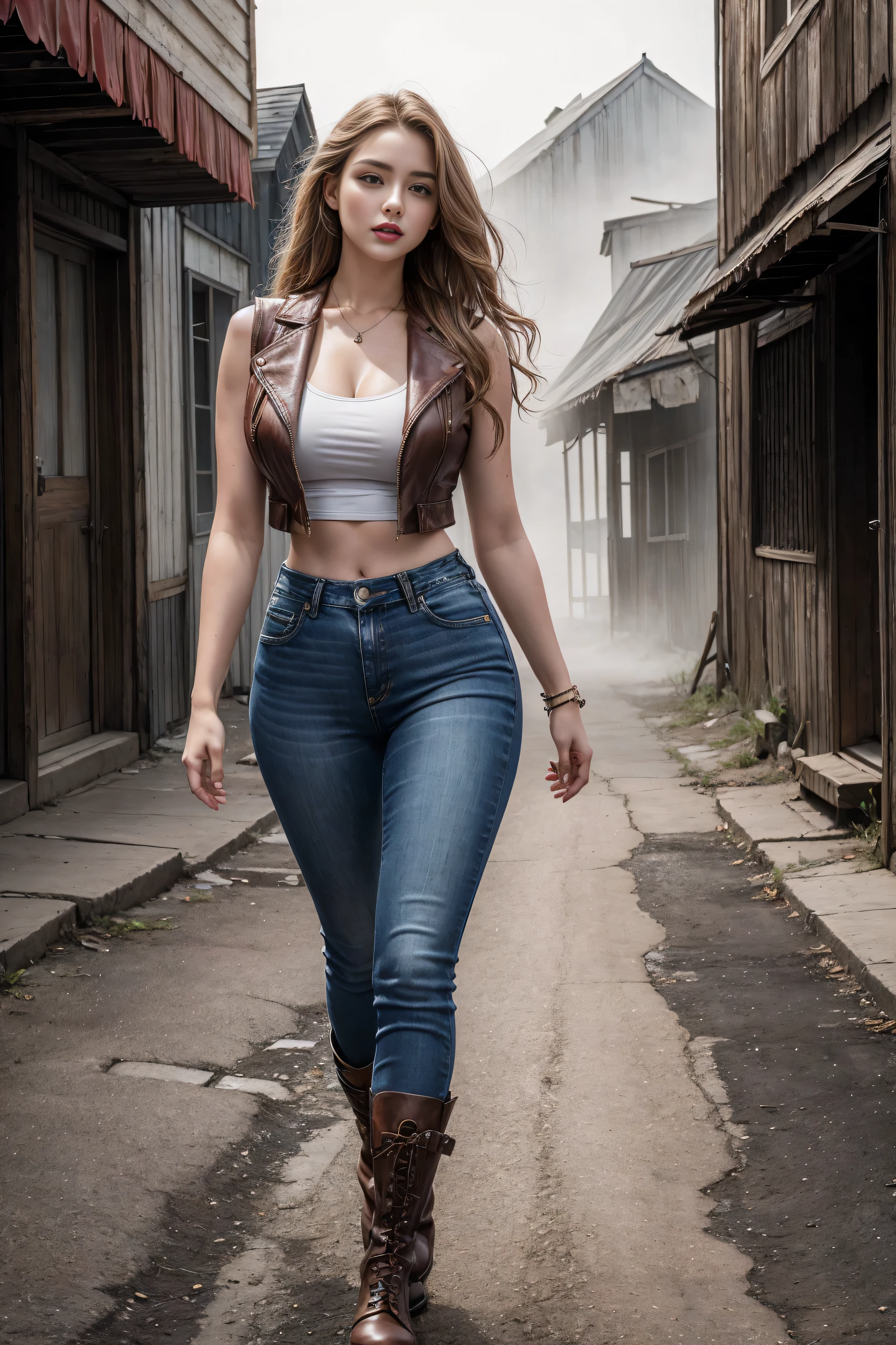 Woman wearing denim clothing, circa 1880s, Long curly blond hair, Brown eyes, High arched eyebrows, Slender and graceful neck, Red lips, Large Breasts, Brown Leather Leggings, Sleeveless Brown Leather Vest, Leather Boots, Walking on the dusty sandy streets of a deserted North American town，The wind blew through her hair, Practical, photoPractical, photoPractical, Fear, Dark atmosphere and dramatic lighting, Dark Red, Foggy environment, Detailed facial expressions, Thick fog