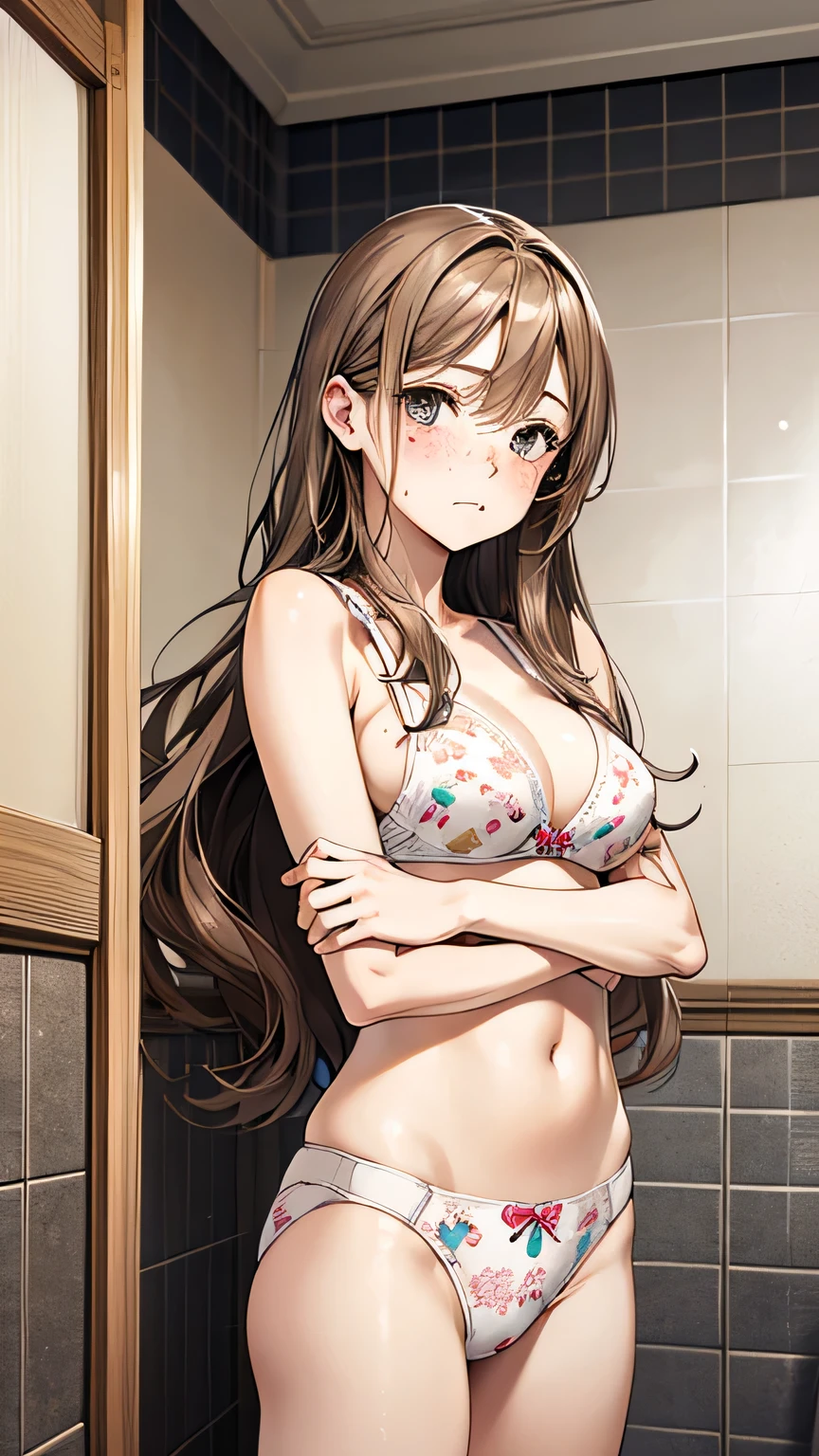 Highest quality、Realistic、、Japanese、zoom、man、cute、Grey Eyes、Light brown hair、Long Hair、White character print bra White character print panties、thin、Large Breasts、Pouting、freckles、Glasses、shower room、Cowboy Shot