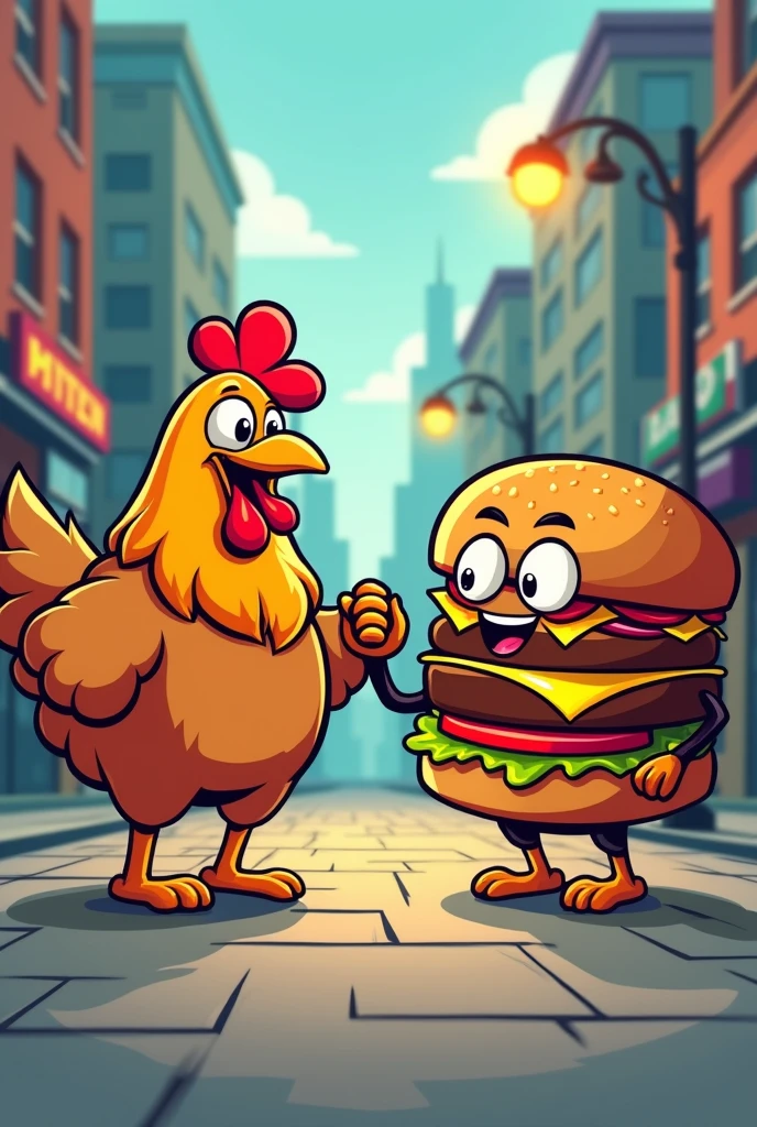Logo of a roast chicken and a hamburger shaking hands urban cartoon