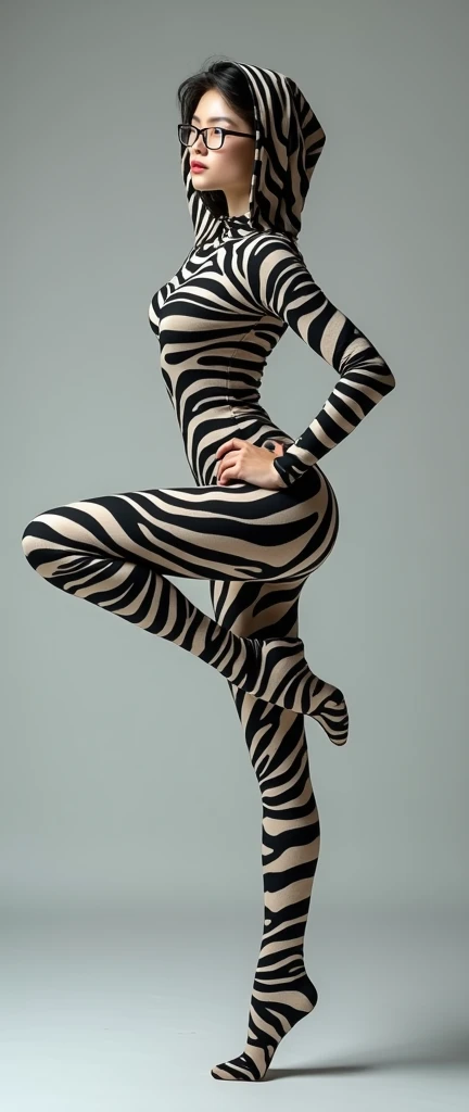 a most beautiful and thin 32 years old chinese contortion woman is wearing a pair of glasses wears zebra lycra footed turtleneck unitard catsuit.She always wear zebra unitard hijab-like hood.She is the most beautiful and has beautiful cheeks.