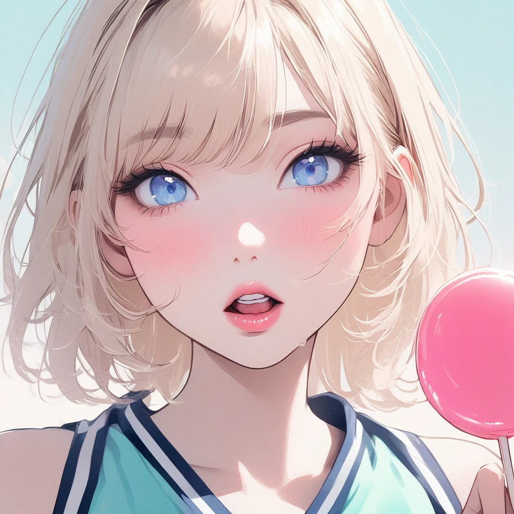 Girl, light blonde hair, blue eyes, beautiful, cheerleader uniform, pastel colors, face close-up, flat, sucking a pink lollipop, lipgloss, brat, holding lollipop, lips, sexy, ethereal, wide mouth, attractive