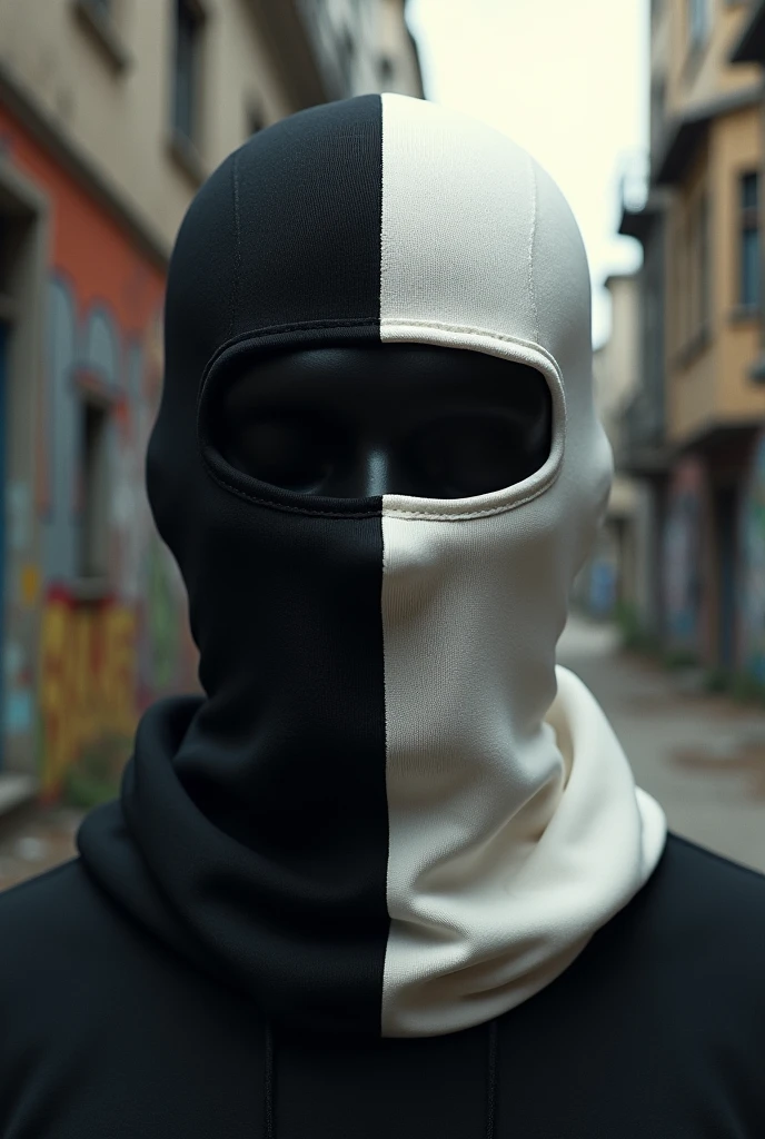 Create a normal balaclava that is black on the right side and white on the left side, perfect picture now make the background more ghetto style