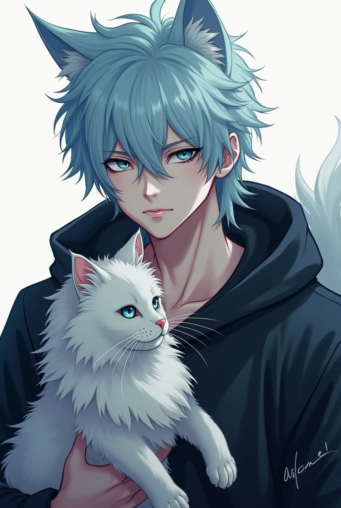 A guy with a super handsome face, masculine face, light blue hair masculine mulet hairstyle ,blue-green eyes, slightly black pupils, sharp eyelids, black hoodie outfit, holding a long-haired white cat, The boy with the wolf tail and ears is gorgeous.,