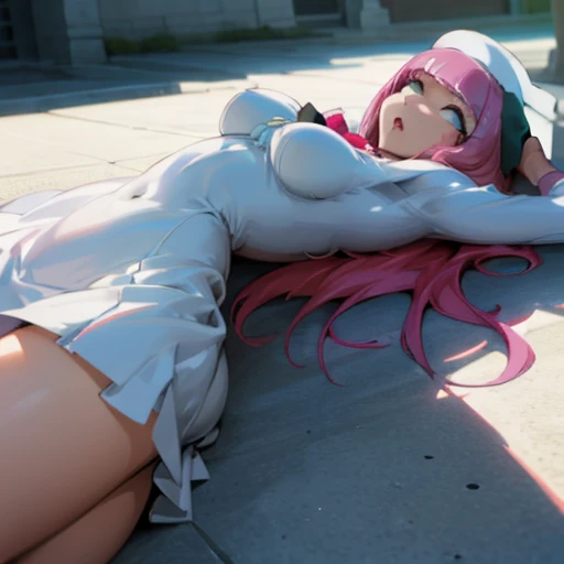 ((Best quality, masterpiece, ultra high resolution)) ,big butt,pink hair, white hat, Riruka Dokugamine Dress, girl sitting