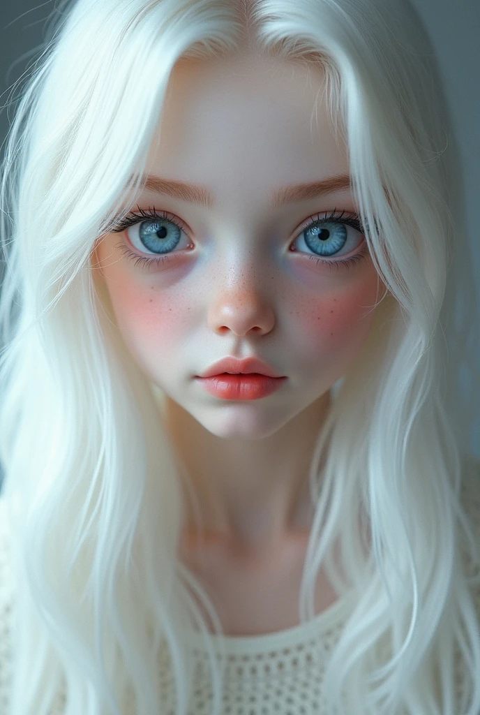 a girl with white long hair blue eyes white pale skin red lips WHITE EYEBROWS button nose white eyelashes 